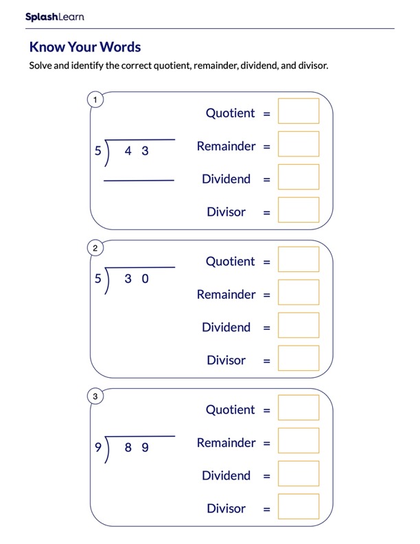 Identify Quotient Remainder Dividend and Divisor - Math Worksheets